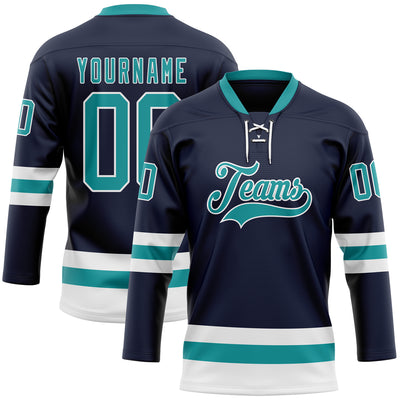 Custom Navy Teal-White Hockey Lace Neck Jersey