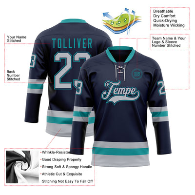 Custom Navy Gray-Teal Hockey Lace Neck Jersey