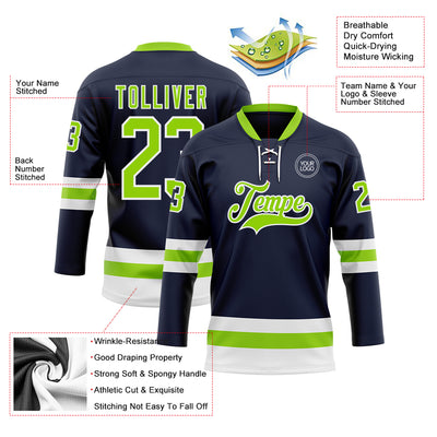 Custom Navy Neon Green-White Hockey Lace Neck Jersey