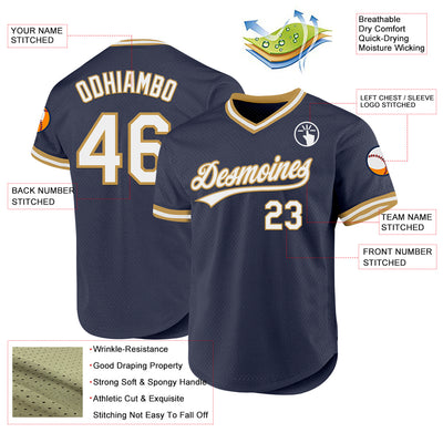 Custom Navy White-Old Gold Authentic Throwback Baseball Jersey