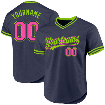 Custom Navy Pink-Neon Green Authentic Throwback Baseball Jersey