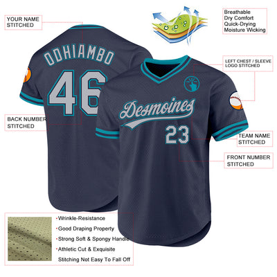 Custom Navy Gray-Teal Authentic Throwback Baseball Jersey