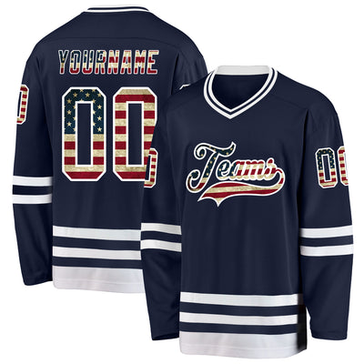 Custom Navy Vintage USA Flag-White Hockey Jersey