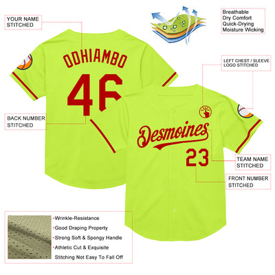 Custom Neon Green Red Mesh Authentic Throwback Baseball Jersey