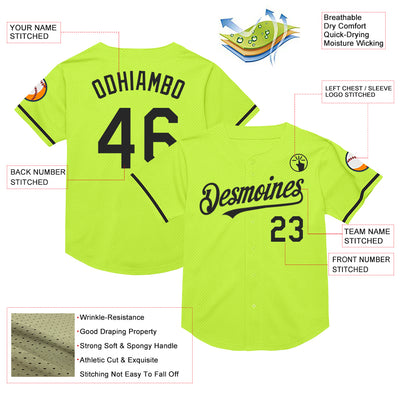 Custom Neon Green Black Mesh Authentic Throwback Baseball Jersey