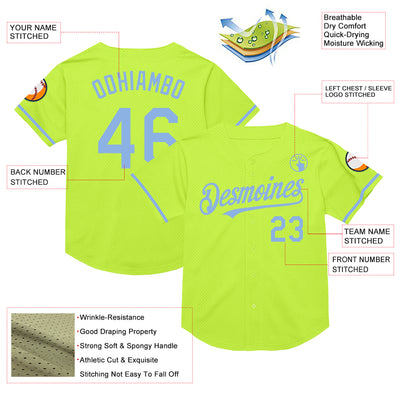 Custom Neon Green Light Blue Mesh Authentic Throwback Baseball Jersey