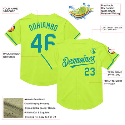 Custom Neon Green Teal Mesh Authentic Throwback Baseball Jersey