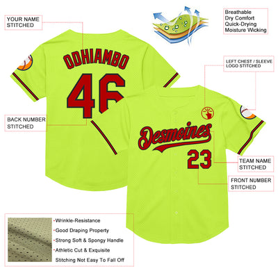 Custom Neon Green Red-Black Mesh Authentic Throwback Baseball Jersey