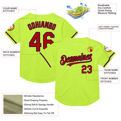 Custom Neon Green Red-Navy Mesh Authentic Throwback Baseball Jersey