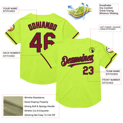 Custom Neon Green Crimson-Black Mesh Authentic Throwback Baseball Jersey