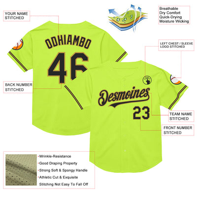 Custom Neon Green Black-Old Gold Mesh Authentic Throwback Baseball Jersey