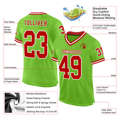 Custom Neon Green Red-White Mesh Authentic Throwback Football Jersey