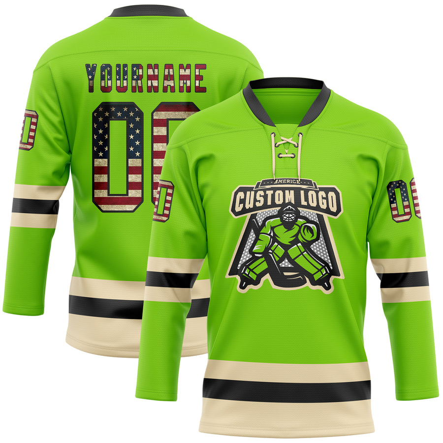 Custom Neon Green Vintage USA Flag Black-Cream Hockey Lace Neck Jersey