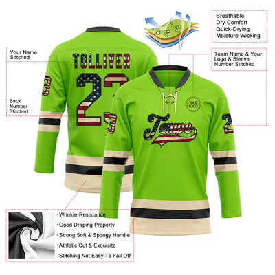 Custom Neon Green Vintage USA Flag Black-Cream Hockey Lace Neck Jersey