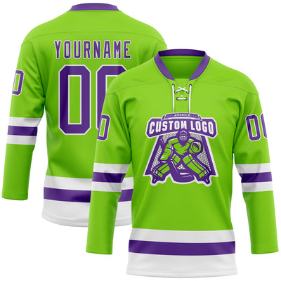 Custom Neon Green Purple-White Hockey Lace Neck Jersey