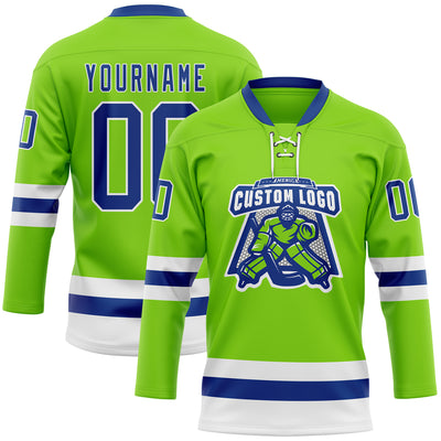 Custom Neon Green Royal-White Hockey Lace Neck Jersey