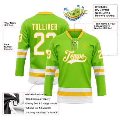 Custom Neon Green White-Yellow Hockey Lace Neck Jersey