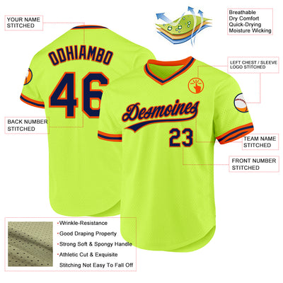 Custom Neon Green Navy-Orange Authentic Throwback Baseball Jersey