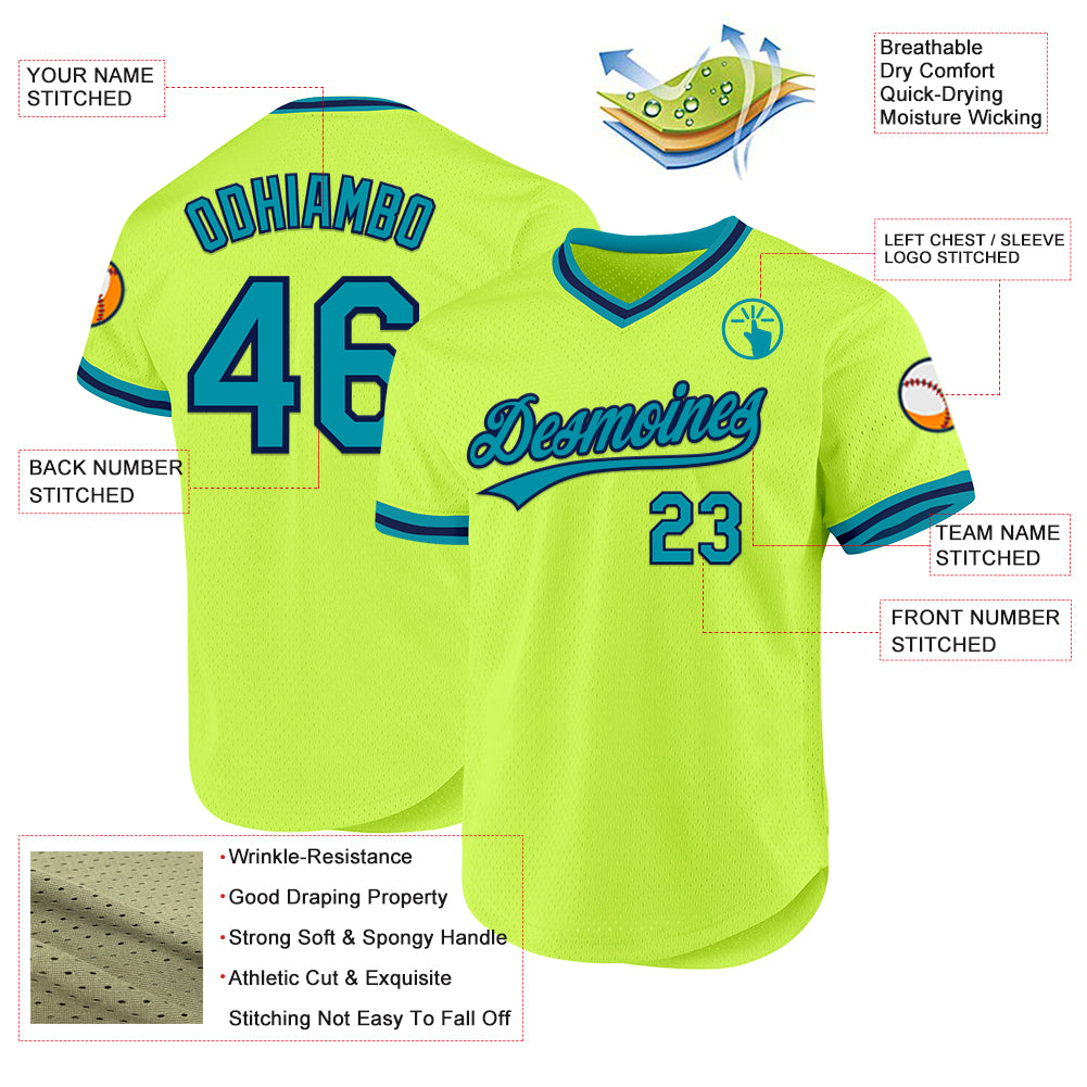 Custom Neon Green Teal-Navy Authentic Throwback Baseball Jersey