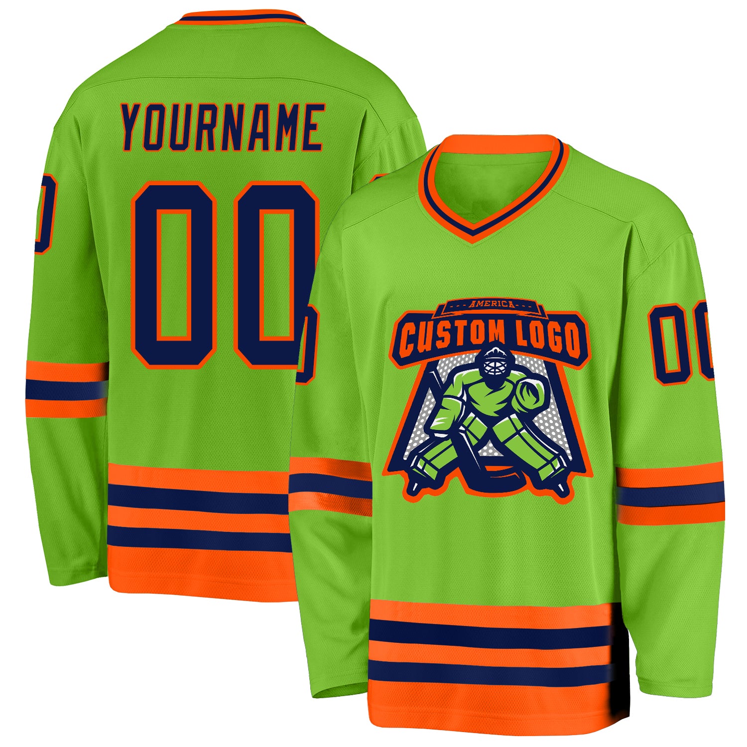 Custom Neon Green Navy-Orange Hockey Jersey