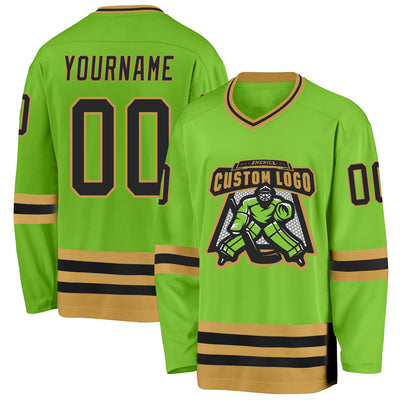 Custom Neon Green Black-Old Gold Hockey Jersey