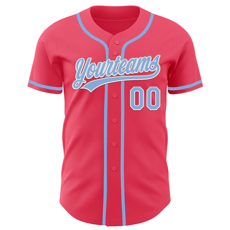 Custom Neon Pink Light Blue-White Authentic Baseball Jersey