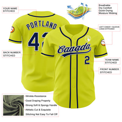 Custom Neon Yellow Navy-White Authentic Baseball Jersey