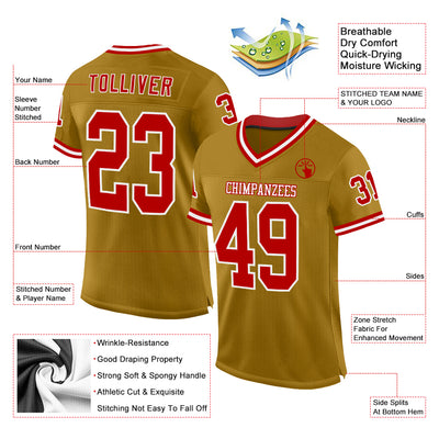 Custom Old Gold Red-White Mesh Authentic Throwback Football Jersey