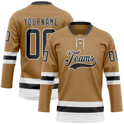 Custom Old Gold Black-White Hockey Lace Neck Jersey