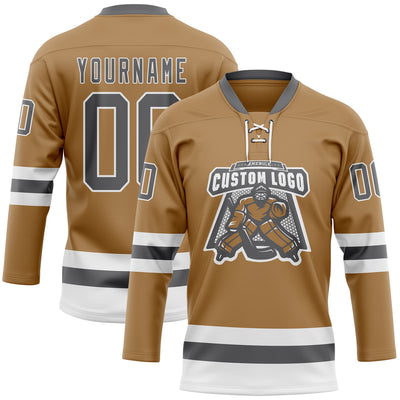 Custom Old Gold Steel Gray-White Hockey Lace Neck Jersey