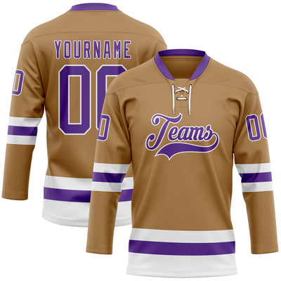 Custom Old Gold Purple-White Hockey Lace Neck Jersey