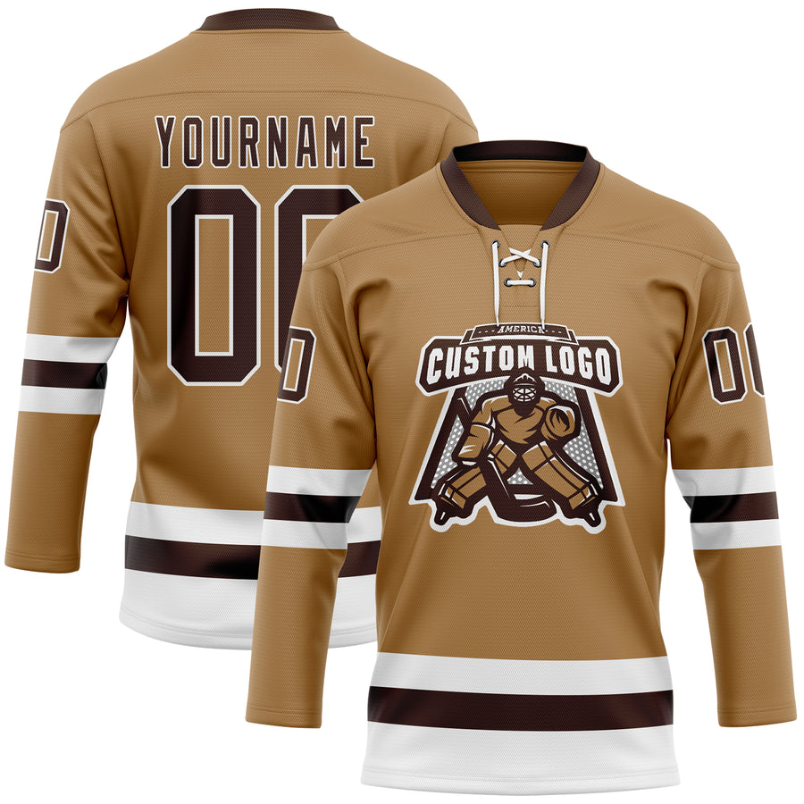 Custom Old Gold Brown-White Hockey Lace Neck Jersey