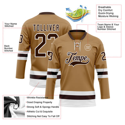 Custom Old Gold Brown-White Hockey Lace Neck Jersey