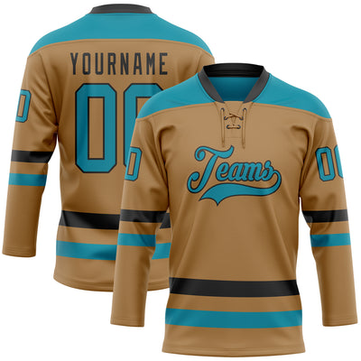 Custom Old Gold Teal-Black Hockey Lace Neck Jersey