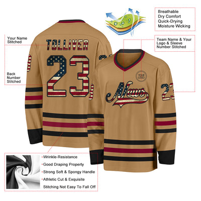 Custom Old Gold Vintage USA Flag Black-Maroon Hockey Jersey