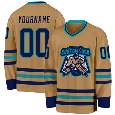 Custom Old Gold Navy-Teal Hockey Jersey