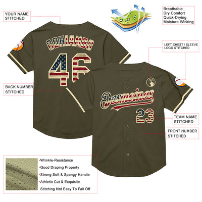 Custom Olive Vintage USA Flag-Cream Mesh Authentic Throwback Salute To Service Baseball Jersey