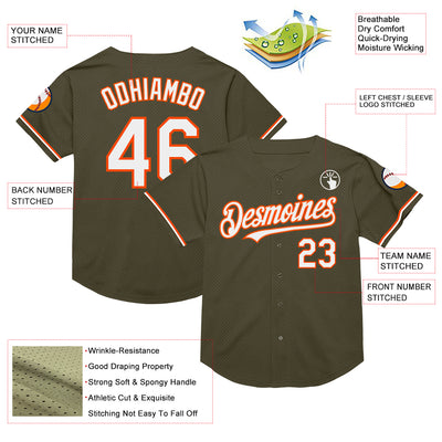 Custom Olive White-Orange Mesh Authentic Throwback Salute To Service Baseball Jersey