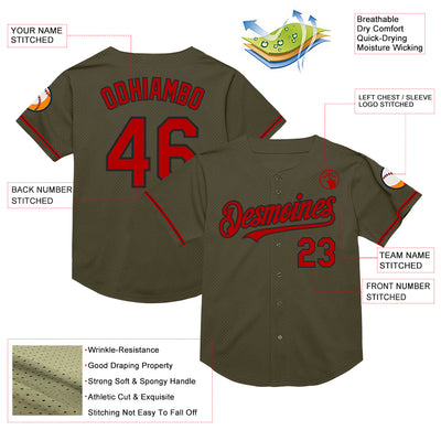 Custom Olive Red-Black Mesh Authentic Throwback Salute To Service Baseball Jersey