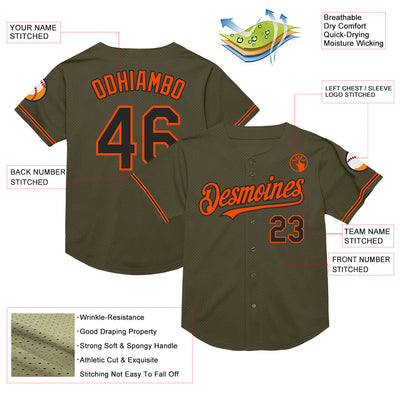 Custom Olive Black-Orange Mesh Authentic Throwback Salute To Service Baseball Jersey