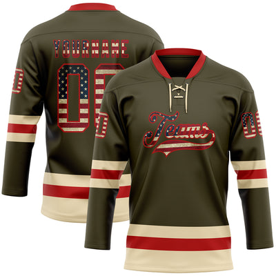 Custom Olive Vintage USA Flag Red-Cream Salute To Service Hockey Lace Neck Jersey