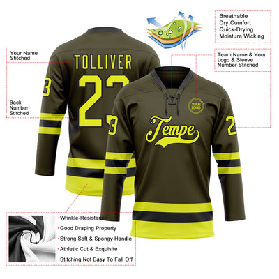 Custom Olive Neon Yellow-Black Salute To Service Hockey Lace Neck Jersey