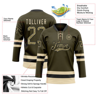 Custom Olive Camo Black-Cream Salute To Service Hockey Lace Neck Jersey