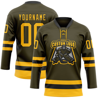 Custom Olive Gold-Black Salute To Service Hockey Lace Neck Jersey