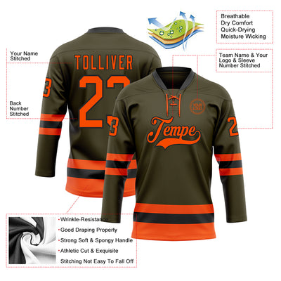 Custom Olive Orange-Black Salute To Service Hockey Lace Neck Jersey