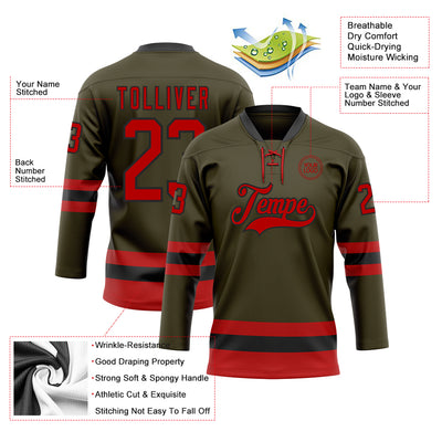 Custom Olive Red-Black Salute To Service Hockey Lace Neck Jersey