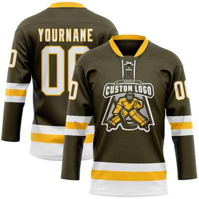 Custom Olive White-Gold Salute To Service Hockey Lace Neck Jersey