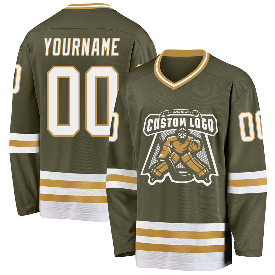 Custom Olive White-Old Gold Salute To Service Hockey Jersey