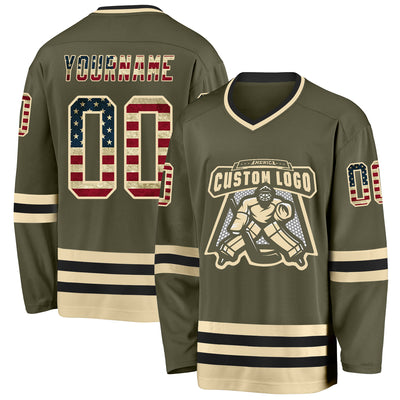 Custom Olive Vintage USA Flag Cream-Black Salute To Service Hockey Jersey