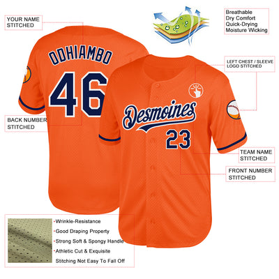 Custom Orange Navy-White Mesh Authentic Throwback Baseball Jersey